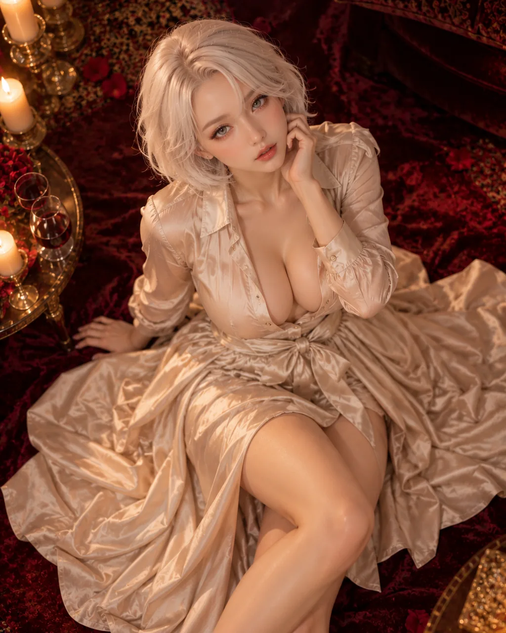 Illustrative lookbook photo: adult anime-style silicone doll with sleek chin-length platinum-ivory bob